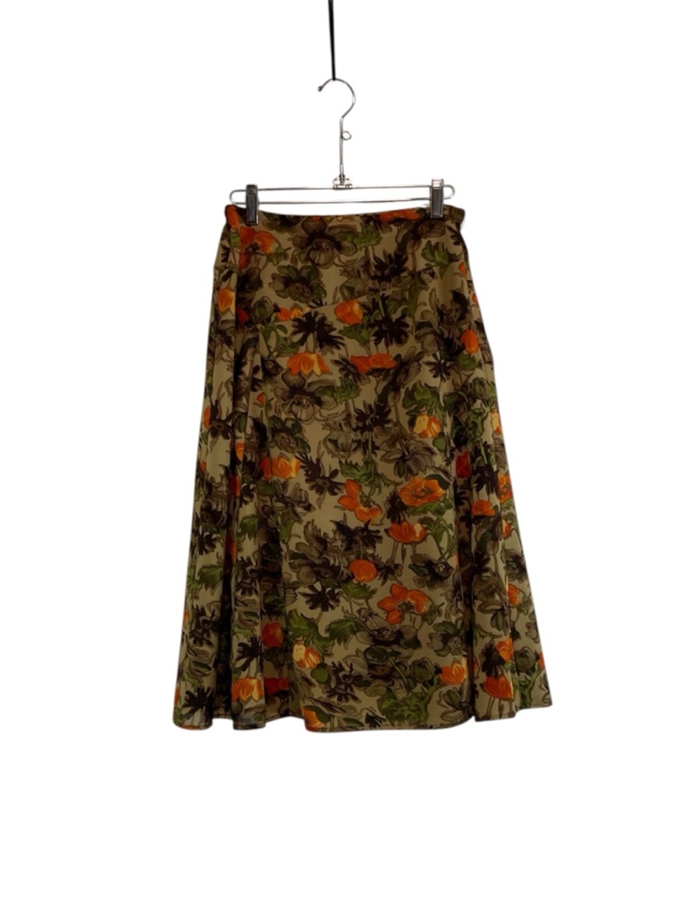 Floral A-Line Midi Skirt in Olive with Orange Blooms